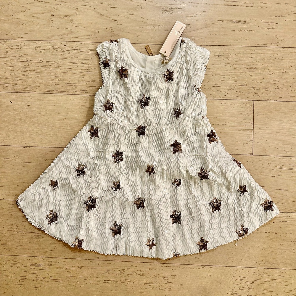 Doe a Deer Cream and Black Sequin Starry Kids Dress NWT